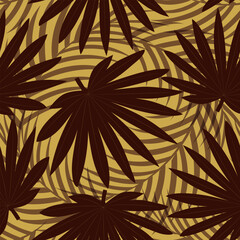 Seamless pattern with hand drawn tropical brown palm leaves on yellow background.