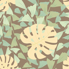 Seamless pattern with hand drawn tropical leaves on brown background.