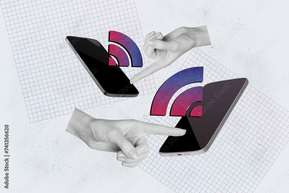 Poster composite graphics collage image of hands hold iphone transfer data internet online connection 5g sp