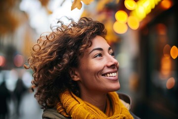 A joyful woman with curly hair enjoys a brisk autumn day in the city, her happiness evident as she strolls amidst the fall colors, Generative AI - obrazy, fototapety, plakaty
