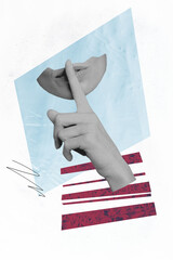 Vertical photo collage young woman face fragment cutout hand show silence shh gesture keep secret...
