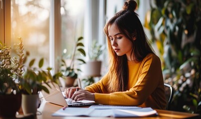 A young woman in a yellow top is concentrated on reviewing documents at a well-lit home workspace, exemplifying remote work, Generative AI