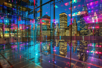 A city skyline mirrored in a glass building