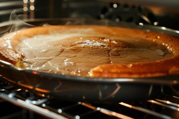 closeup of a cakes golden crust forming in the oven