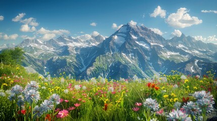 mountain landscape with wildflowers blooming in the foreground, offering a stunning contrast against the rugged peaks and clear blue sky