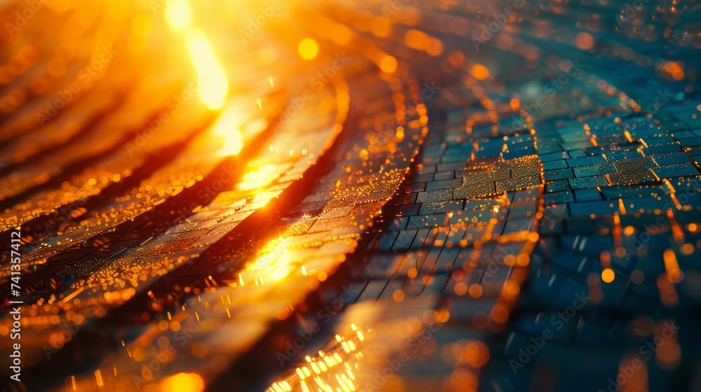 Poster solar panel texture analysis in macro photography, focusing on the materials science behind renewabl