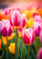 multi-colored tulips bloom in the park. Selective focus.