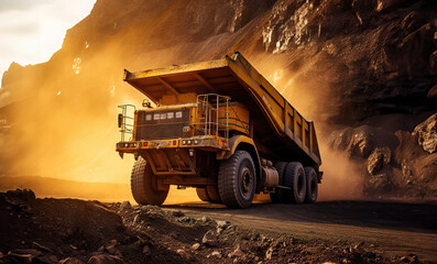 Big yellow mining truck at work site.