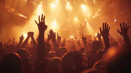 Back view of crowd at a big concert or event, with hands up