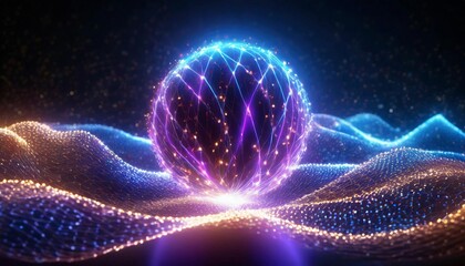 Abstract luminescent sphere pulsating with vivid neon energy. Particles and waves of magical glowing