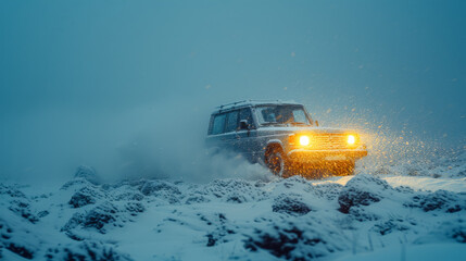 car with bright headlights piercing through heavy snowfall - obrazy, fototapety, plakaty