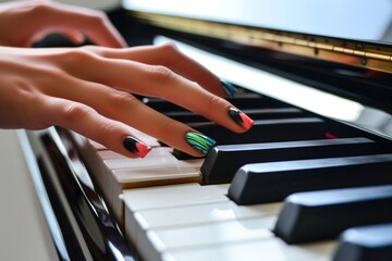 closeup of hands with painted nails playing the piano
