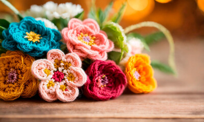Fototapeta na wymiar Crochet bouquet of flowers. Selective focus.