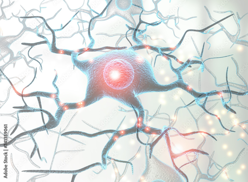 Poster neuron cells with light pulses. 3d illustration..