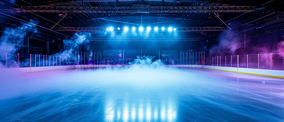 Blue Ice Rink Background. Professional Arena illuminated neon lights, spotlights with smoke. Copyspace. Winter poster for hockey competitions. Ice skating. Stadium. Generative ai	