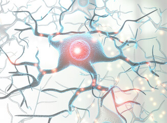 Neuron cells with light pulses. 3d illustration..