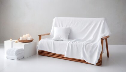 Fototapeta na wymiar A beautiful spa element on a white fabric floor called a couch. Health Spa Equipment