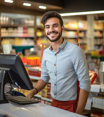 a young man at the checkout counter, smiling warmly while assisting customers, creating a welcoming shopping experience. Generative AI