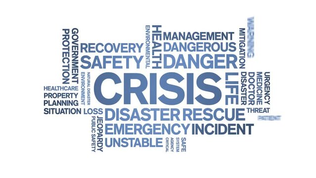 Crisis animated word cloud;text design animation tag kinetic typography seamless loop.