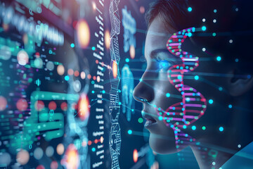 AI in medicine concept - futuristic interface with patient's genetic profile - 741359221