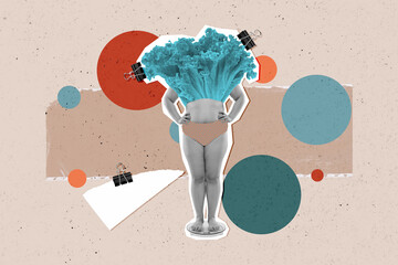Creative poster collage of motivation head instead lettuce salad sportswoman standing weights diet...