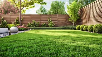 green grass lawn, plants and wooden fence in modern backyard patio - 741359250