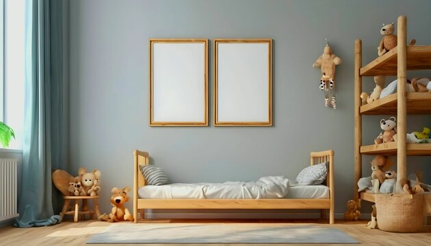Mock up frame in children room with natural wooden furniture, 3D render beautiful child room created with generative ai