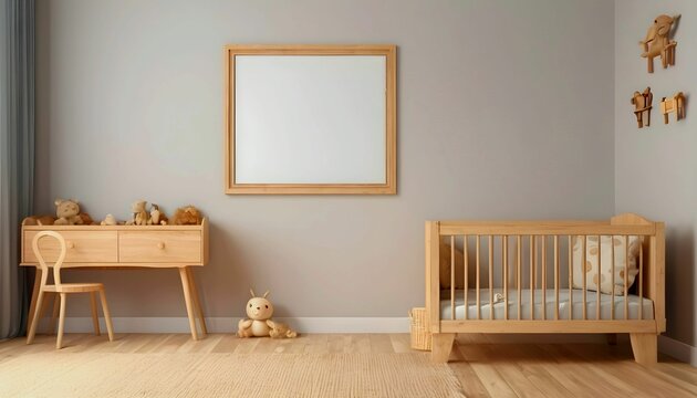 Mock up frame in children room with natural wooden furniture, 3D render beautiful child room created with generative ai