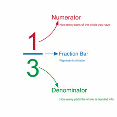 Parts of a fraction.Numerator, denominator and fraction bar. Vector illustration. - obrazy, fototapety, plakaty