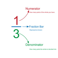 Parts of a fraction.Numerator, denominator and fraction bar. Vector illustration.