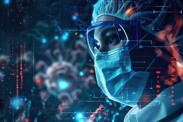 A face of a scientist in a mask. A slide background for showcasing biohacking. The future of modern science. Background image. Created with Generative AI technology. - obrazy, fototapety, plakaty