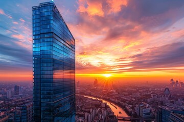a modern skyscraper with a glass facade, reflecting the sunset, bustling city life below