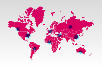 Vector world map with borders, infographic symbol. Magenta gradient icon with blue map pointers. International global illustration sign. Element for business, web design, presentation, media, travel - 741360284