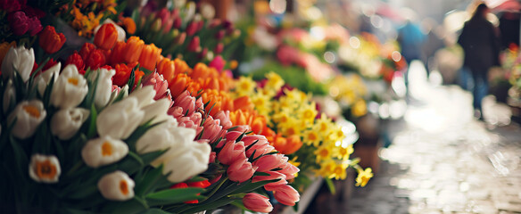 Close up of a sunlit florist stand at a flower market where colorful tulips and narcissus are being sold. - obrazy, fototapety, plakaty