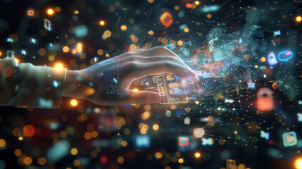 A person interacts with a futuristic digital interface full of colorful app icons against a vibrant city night backdrop.