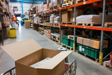 Fototapeta na wymiar open box on a cart, stacked shelves in a warehouse in back
