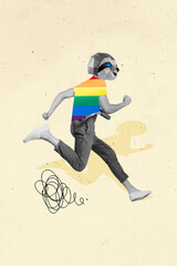 Vertical creative collage running man lgbt rainbow flag colored shirt symbol peace toleration equal...