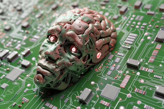 AI Brain Chip ventricles. Artificial Intelligence biosensors mind computer processor axon. Semiconductor ehr circuit board ddr