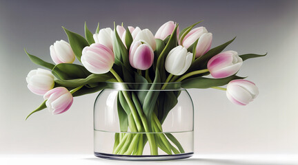 Selective focus on a bouquet of fresh tender white and pink tulips in a glass vase against a grey background. - 741361435
