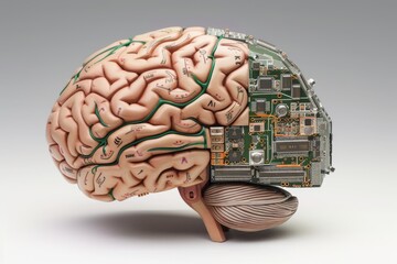 AI Brain Chip server. Artificial Intelligence neurotechnology mind cgm axon. Semiconductor ai governance circuit board robotics - obrazy, fototapety, plakaty