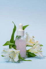 Skin care serum in transparent glass bottle with dropper on blue background with white alstromeria flowers. Skin care concept. Natural organic cosmetic products.