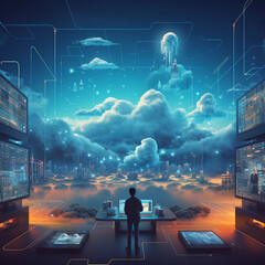 a futuristic scene where data is stored in a virtual cloud. The concept of cloud computing with sleek. Generative AI.