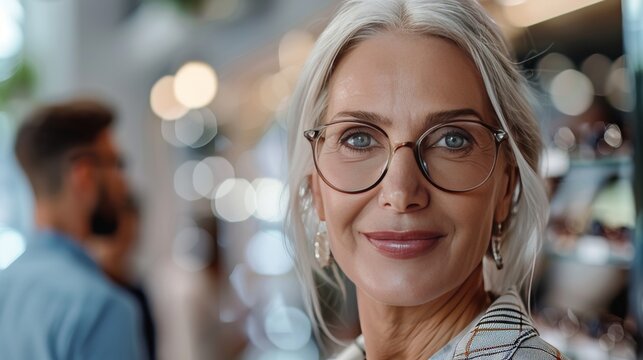 beautiful middle-aged woman with glasses in an optics store, optics selection concept