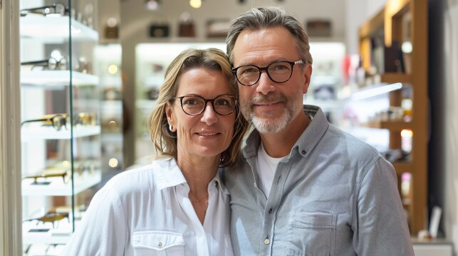cute middle aged couple with glasses in an optical store