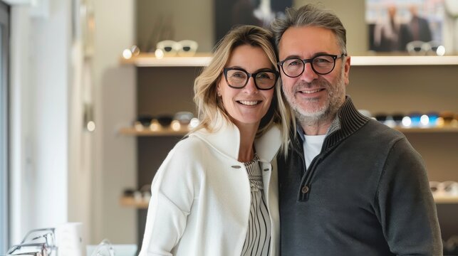 cute middle aged couple with glasses in an optical store