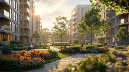 Innovative mixed-use development, terraced design with public green spaces, modern urban living, pedestrian-friendly pathways - obrazy, fototapety, plakaty
