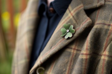 person wearing a fourleaf clover brooch on a jacket - obrazy, fototapety, plakaty