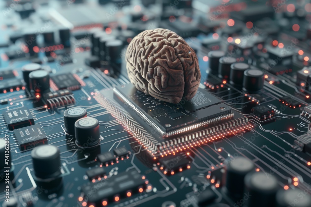 Poster ai brain chip brain health. artificial intelligence neurological circuits mind ultrasound axon. semi