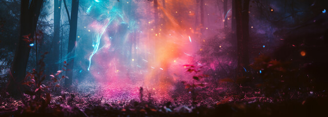 A colorful bright fantasy, fairy-tale background. A forest clearing with purple, blue and pink colored foggy, misty, glittering lights.