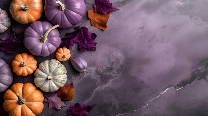 A group of pumpkins with dried autumn leaves and twig, on a violet color marble